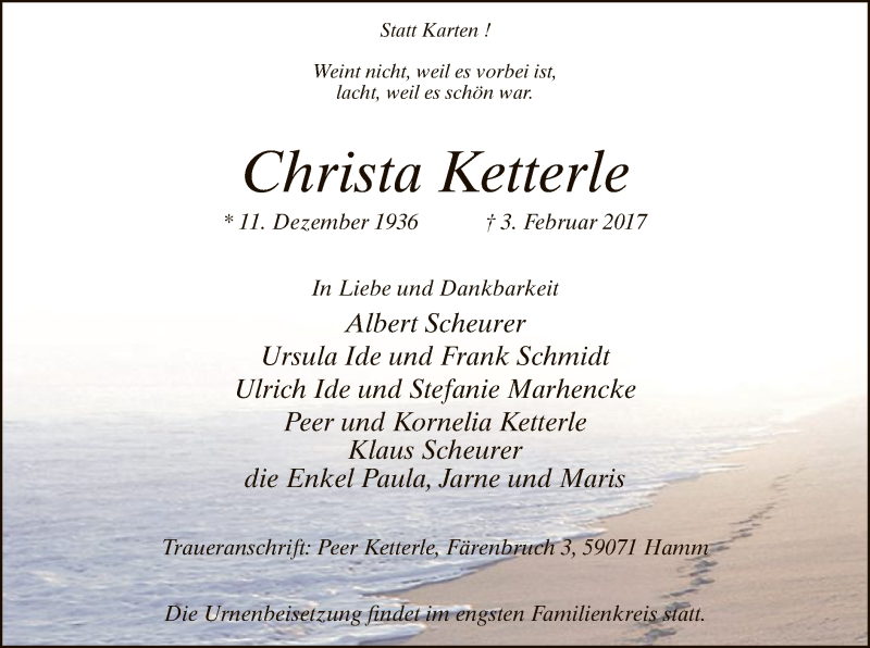  Traueranzeige für Christa Ketterle vom 07.02.2017 aus MZV