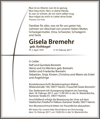 Traueranzeige von Gisela Bremehr von MZV