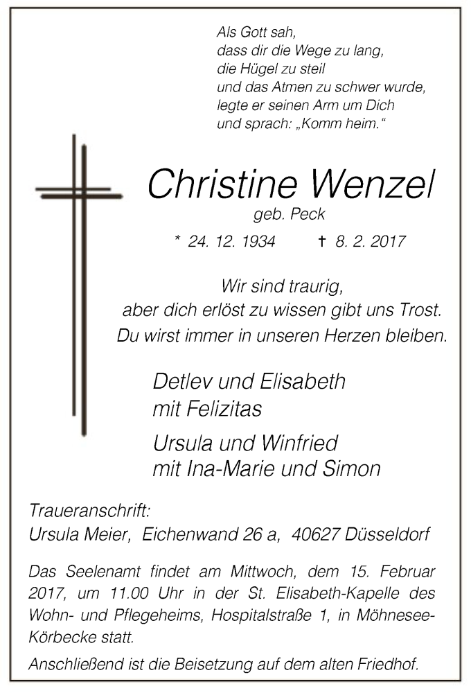  Traueranzeige für Christine Wenzel vom 11.02.2017 aus MZV