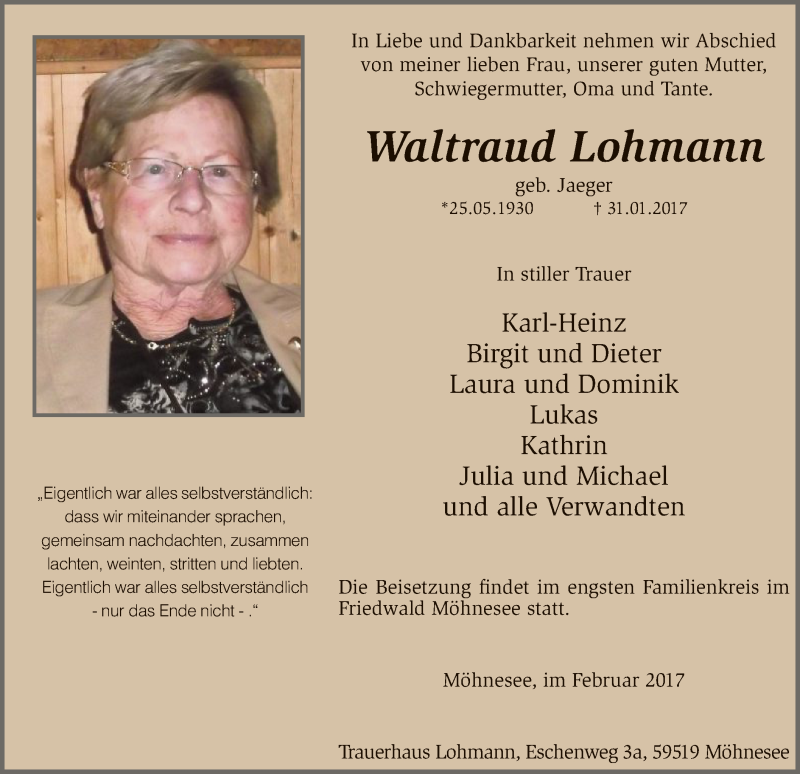  Traueranzeige für Waltraud Lohmann vom 13.02.2017 aus MZV