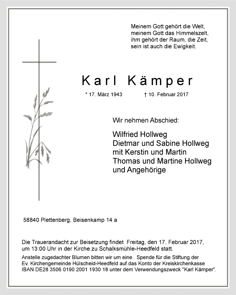  Traueranzeige für Karl Kämper vom 15.02.2017 aus MZV