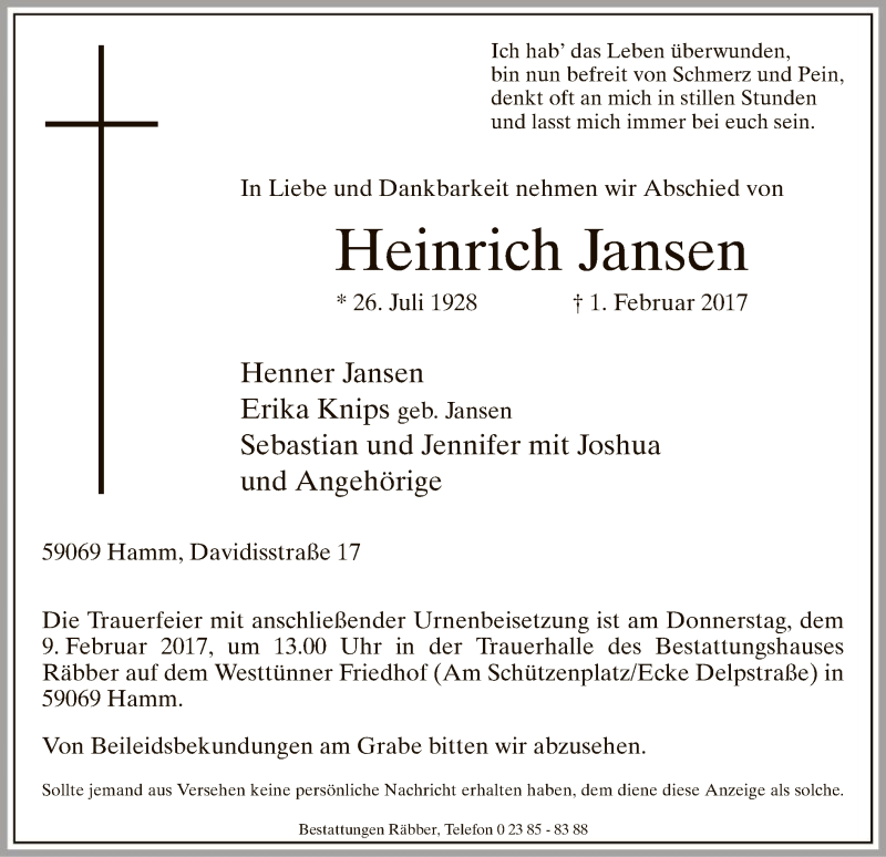  Traueranzeige für Heinrich Jansen vom 04.02.2017 aus MZV