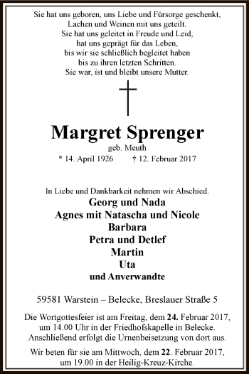 Traueranzeige von Margret Sprenger von MZV