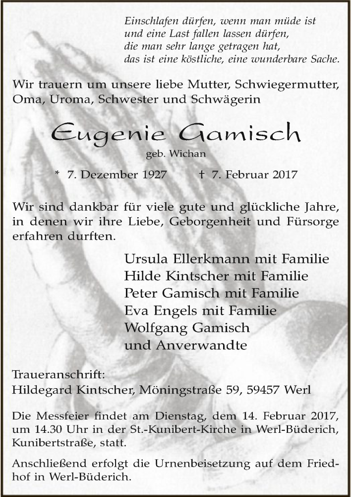  Traueranzeige für Eugenie Gamisch vom 11.02.2017 aus MZV