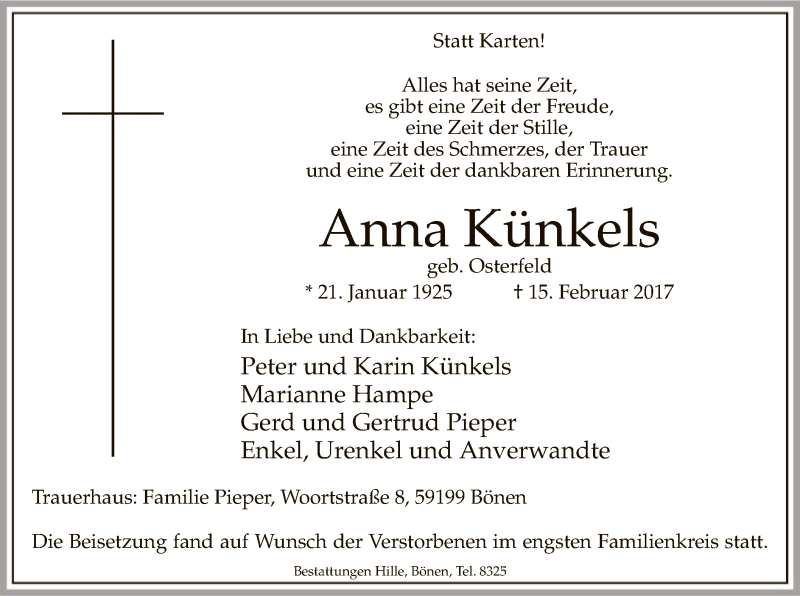  Traueranzeige für Anne Künkels vom 22.02.2017 aus MZV