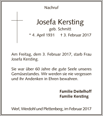 Traueranzeige von Josefa Kersting von MZV