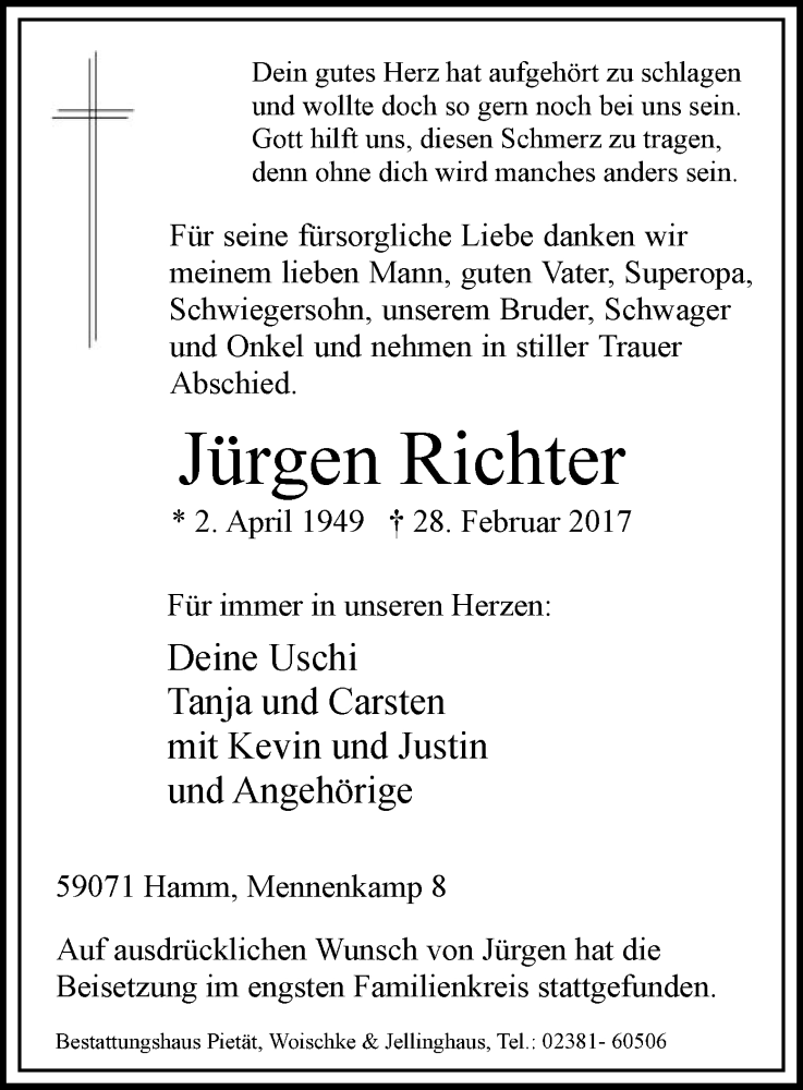  Traueranzeige für Jürgen Richter vom 09.03.2017 aus MZV
