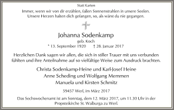 Traueranzeige von Johanna Sodenkamp von MZV