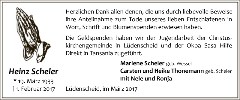  Traueranzeige für Heinz Scheler vom 07.03.2017 aus MZV