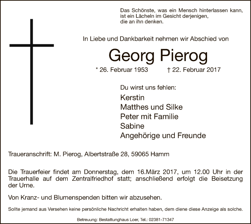  Traueranzeige für Georg Pierog vom 11.03.2017 aus MZV