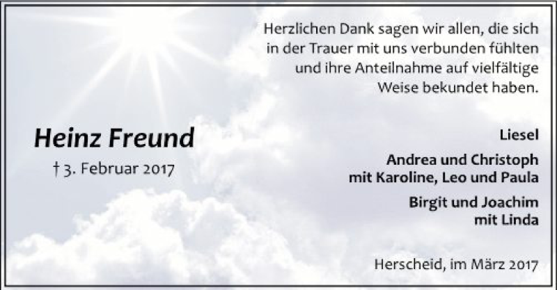  Traueranzeige für Heinz Freund vom 11.03.2017 aus MZV