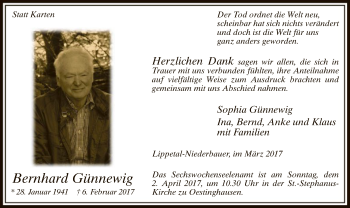 Traueranzeige von Bernhard Günnewig von MZV