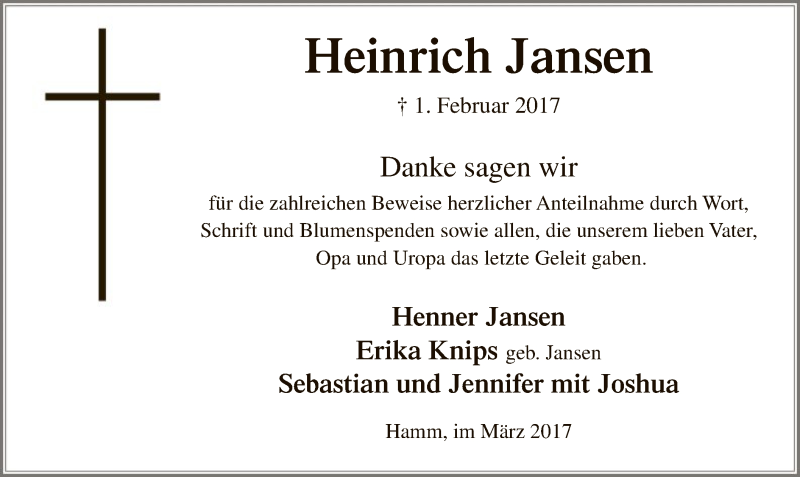  Traueranzeige für Heinrich Jansen vom 18.03.2017 aus MZV