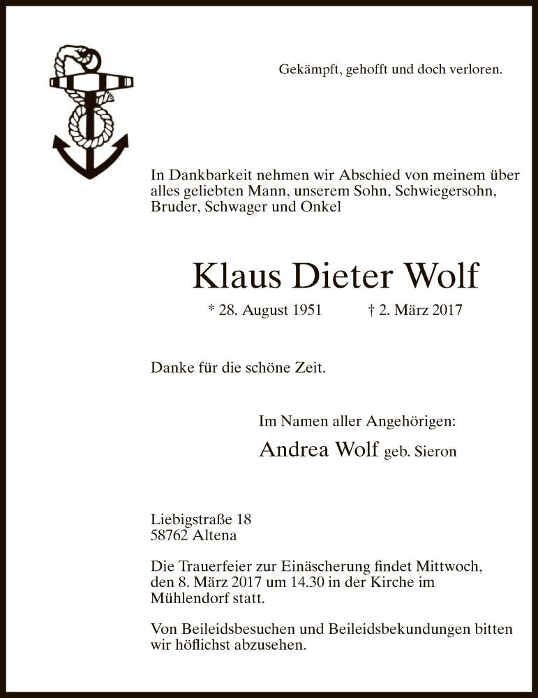  Traueranzeige für Klaus Dieter Wolf vom 04.03.2017 aus MZV