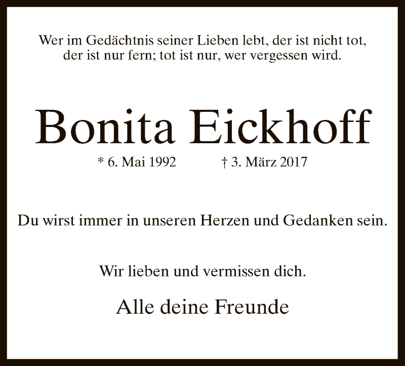  Traueranzeige für Bonita Eickhoff vom 10.03.2017 aus MZV