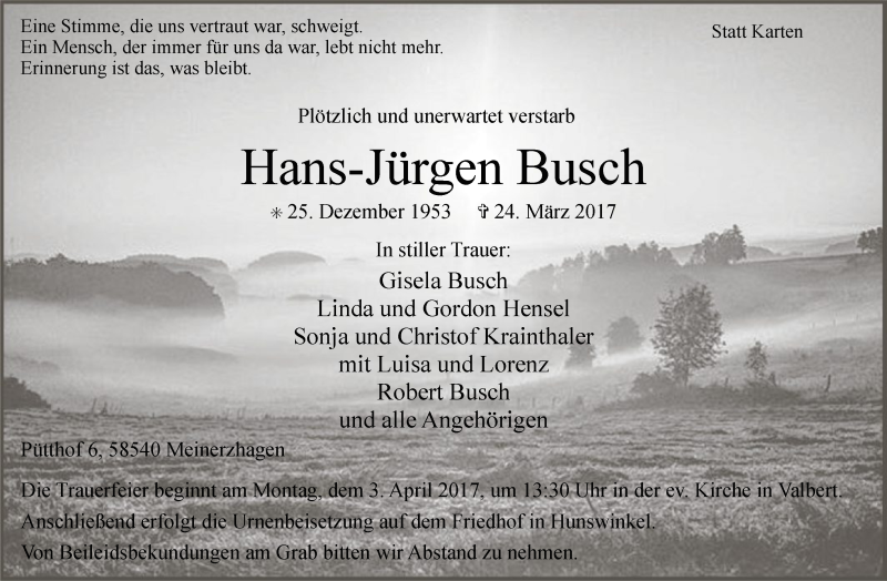  Traueranzeige für Hans-Jürgen Busch vom 28.03.2017 aus MZV