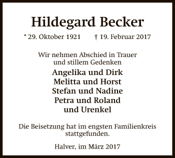 Traueranzeige von Hildegard Becker von MZV
