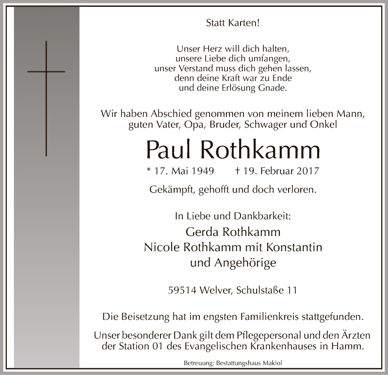  Traueranzeige für Paul Rothkamm vom 04.03.2017 aus MZV