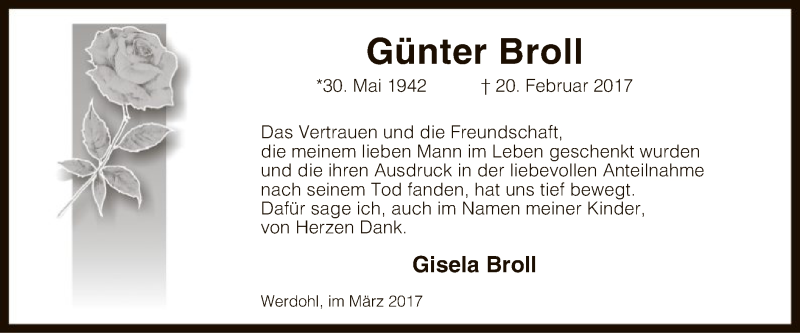  Traueranzeige für Günter Broll vom 28.03.2017 aus MZV