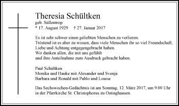 Traueranzeige von Theresia Schültken von MZV