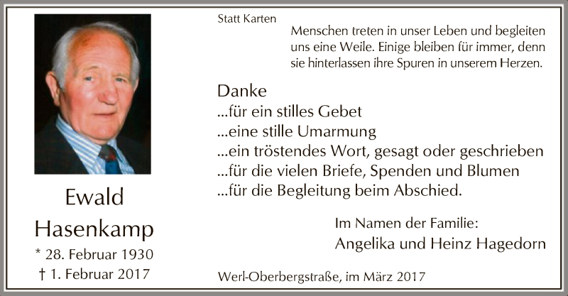  Traueranzeige für Ewald Hasenkamp vom 14.03.2017 aus MZV