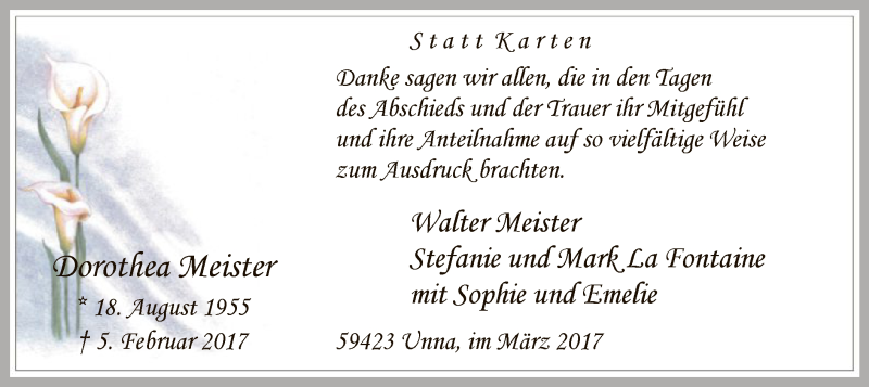  Traueranzeige für Dorothea Meister vom 18.03.2017 aus MZV