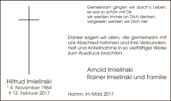 Traueranzeige von Hiltrud Imielinski von MZV