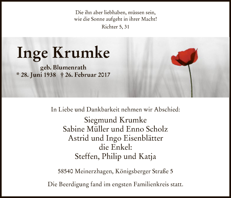  Traueranzeige für Inge Krumke vom 04.03.2017 aus MZV