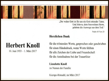 Traueranzeige von Herbert Knoll von MZV