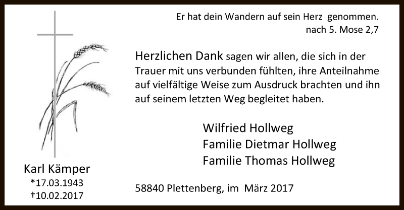  Traueranzeige für Karl Kämper vom 25.03.2017 aus MZV