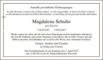 Traueranzeige von Magdalene Schulte von MZV