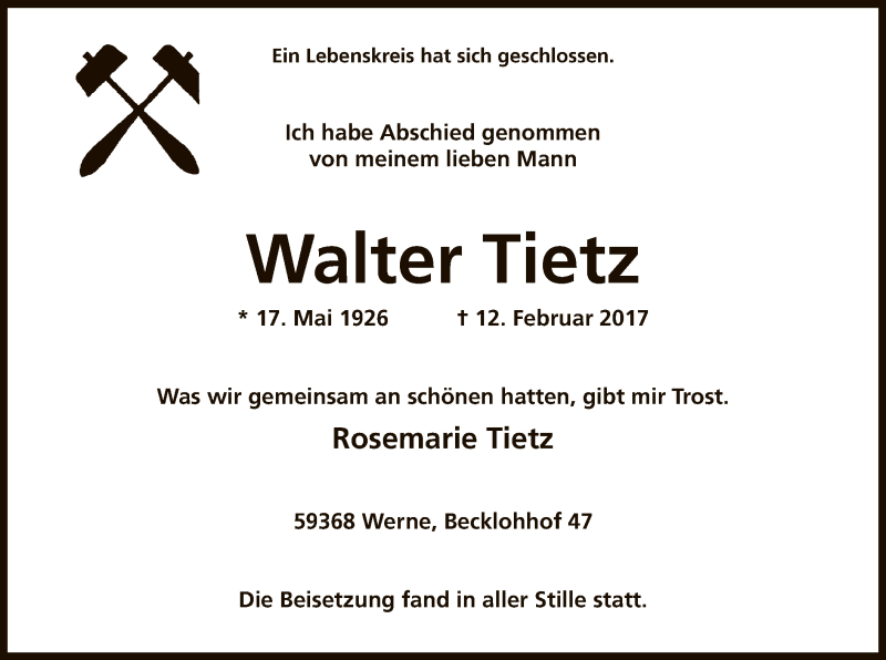  Traueranzeige für Walter Tietz vom 11.03.2017 aus MZV
