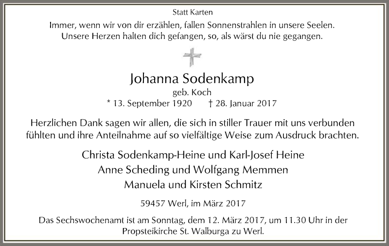  Traueranzeige für Johanna Sodenkamp vom 04.03.2017 aus MZV