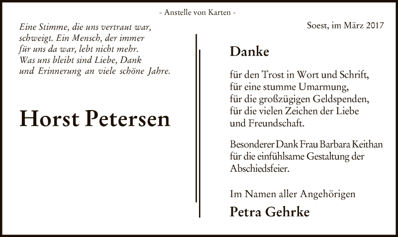 Traueranzeige für Horst Petersen vom 16.03.2017 aus MZV