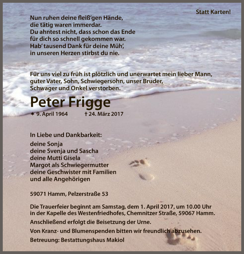  Traueranzeige für Peter Frigge vom 28.03.2017 aus MZV