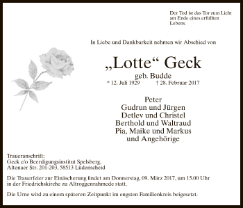 Traueranzeige von Lotte Geck von MZV