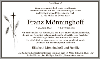 Traueranzeige von Franz Mönninghoff von MZV