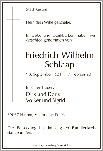 Traueranzeige von Friedrich-Wilhelm Schlaap von MZV