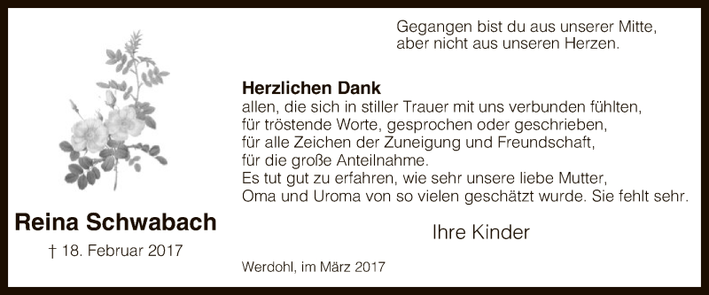  Traueranzeige für Reina Schwabach vom 25.03.2017 aus MZV