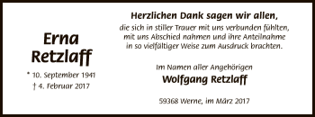 Traueranzeige von Erna Retzlaff von MZV