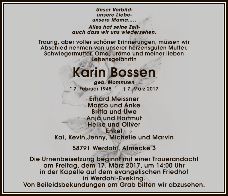  Traueranzeige für Karin Bossen vom 11.03.2017 aus MZV