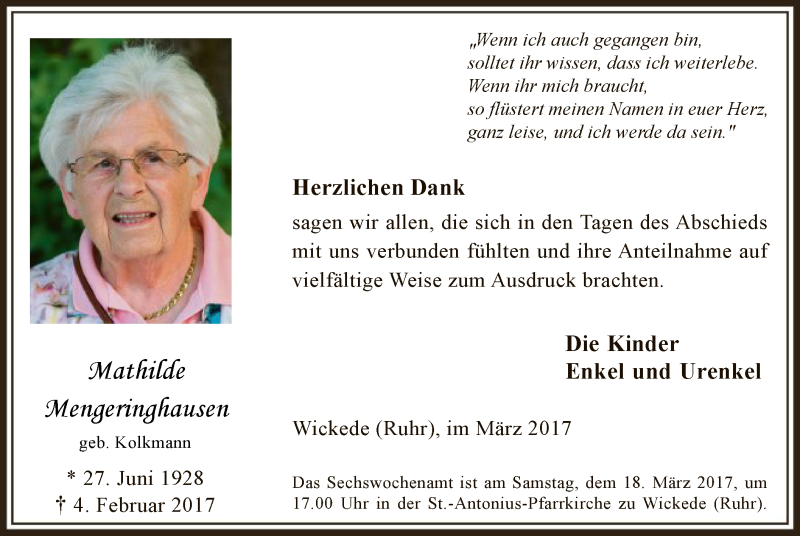  Traueranzeige für Mathilde Mengeringhausen vom 11.03.2017 aus MZV
