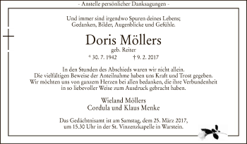 Traueranzeige von Doris Möllers von MZV
