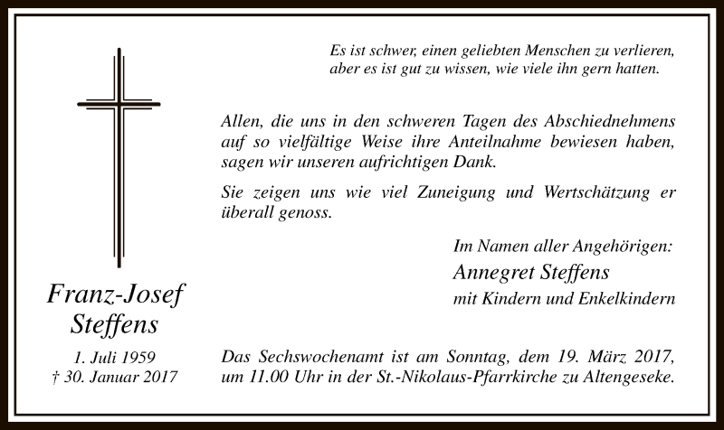  Traueranzeige für Franz-Josef Steffens vom 13.03.2017 aus MZV