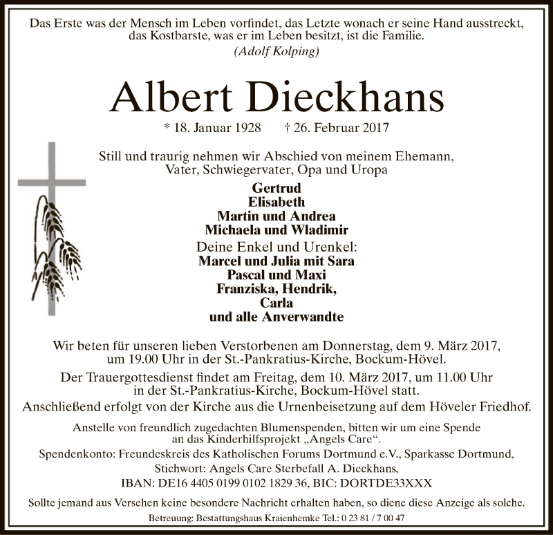  Traueranzeige für Albert Dieckhans vom 04.03.2017 aus MZV