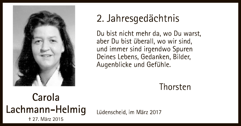  Traueranzeige für Carola Lachmann-Helmig vom 27.03.2017 aus MZV