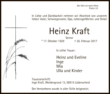Traueranzeige von Heinz Kraft von MZV