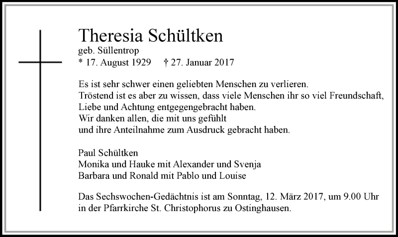  Traueranzeige für Theresia Schültken vom 08.03.2017 aus MZV