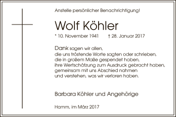 Traueranzeige von Wolf Köhler von MZV