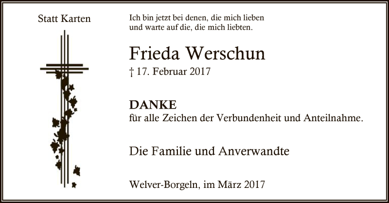  Traueranzeige für Frieda Werschun vom 25.03.2017 aus MZV